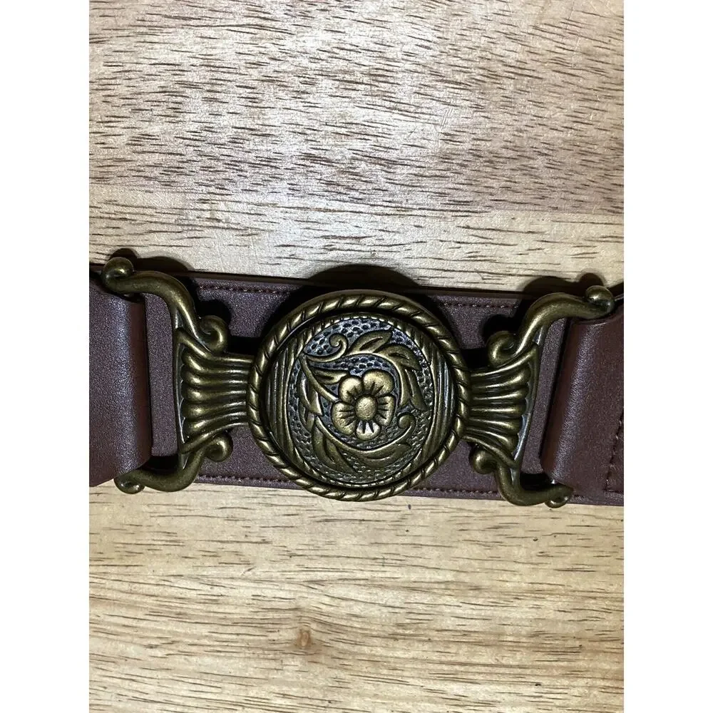 Brown Bonded Leather Belt Braided Woven Brass‎ Buckle Sz L